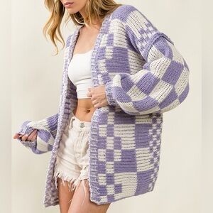 NWT BiBi Purple and Cream Checkered Cardigan
